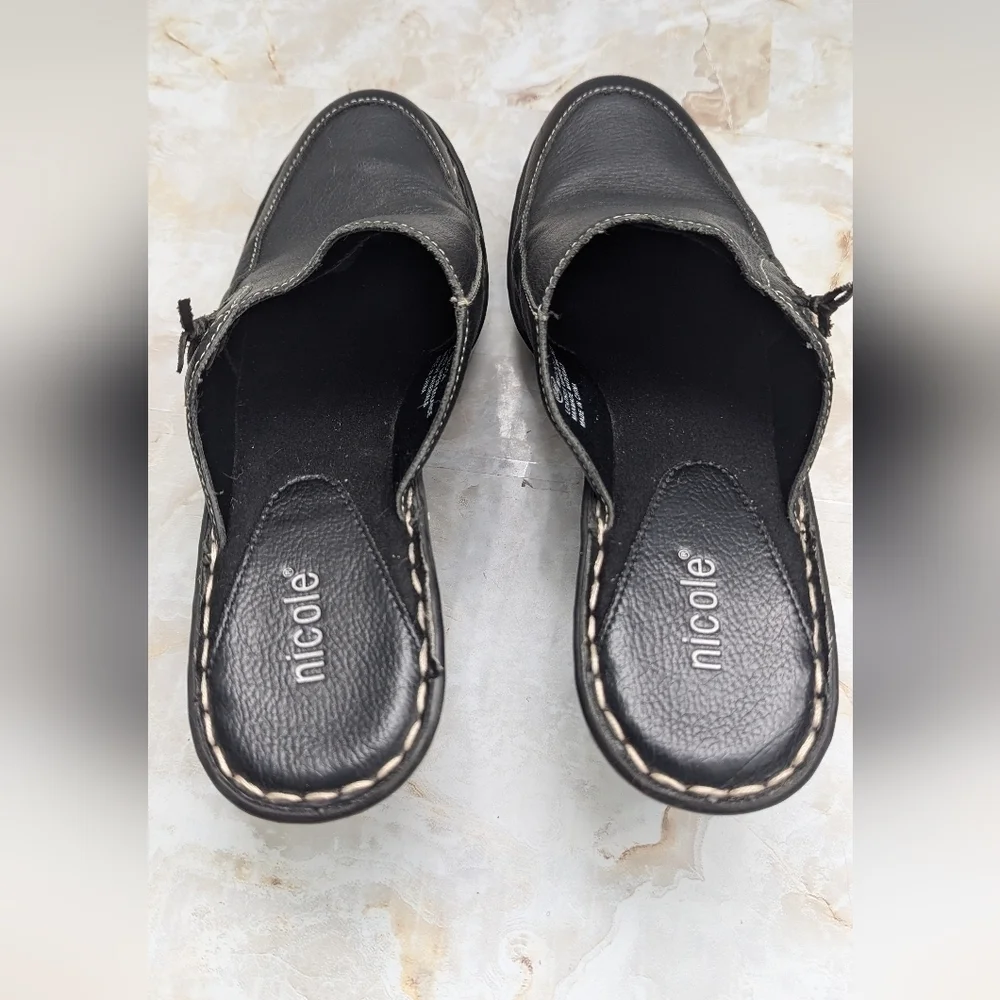 NICOLE Platform Mule Clogs Leather Upper Black Slip On Heeled Clogs Size 8.5 M